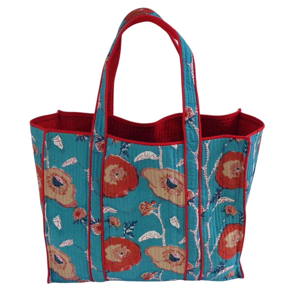 Hand Block Printed Cotton Quilted Tote Bag Teal Flower Gud 105899
