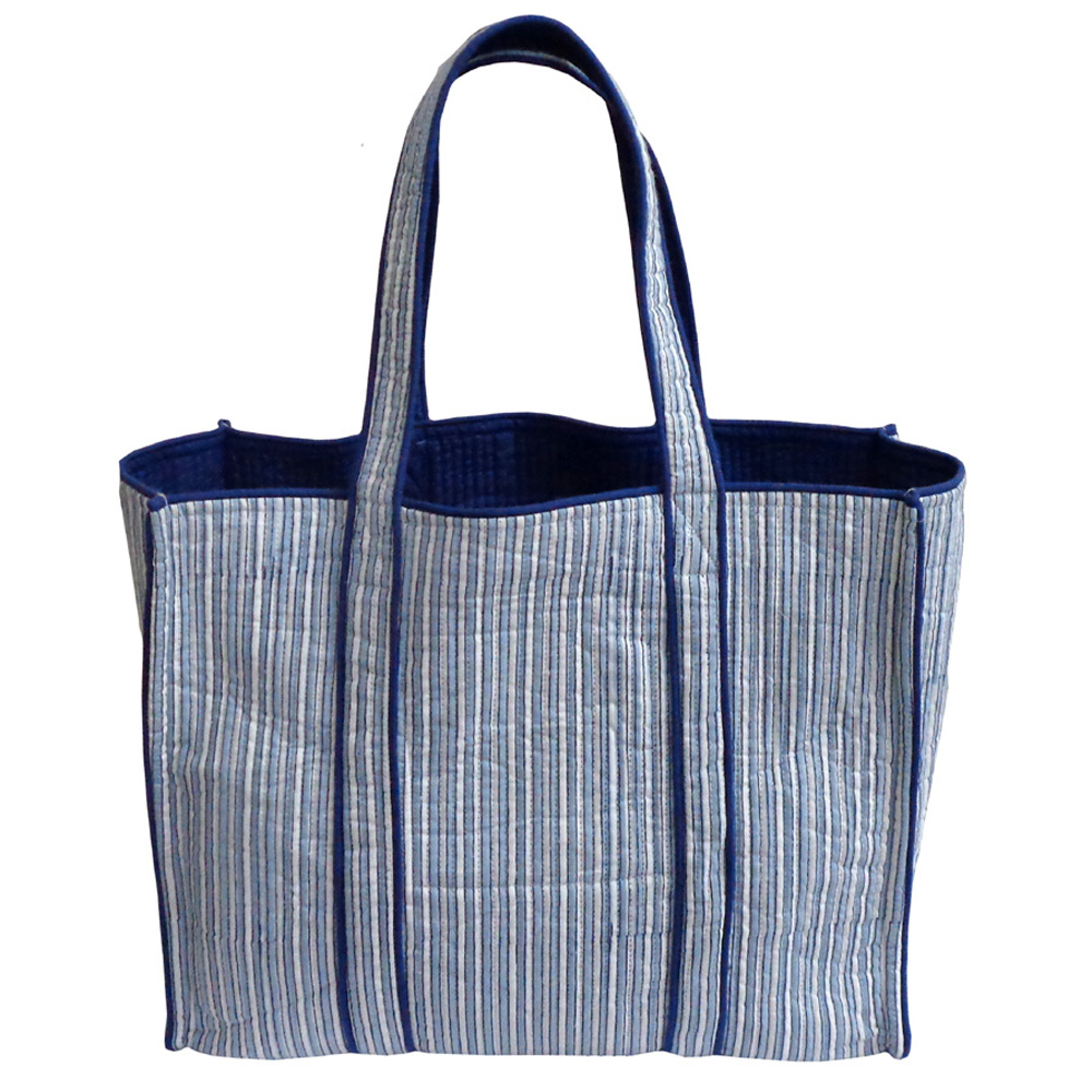 Hand Block Printed Cotton Quilted Tote Bag Two Stripe Starlight 202212