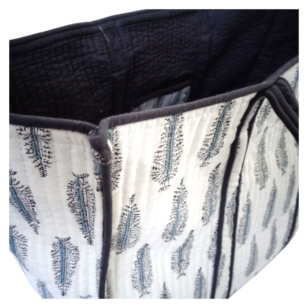 Hand Block Printed Cotton Quilted Tote Bag Winter Fall Tree Grey 107195