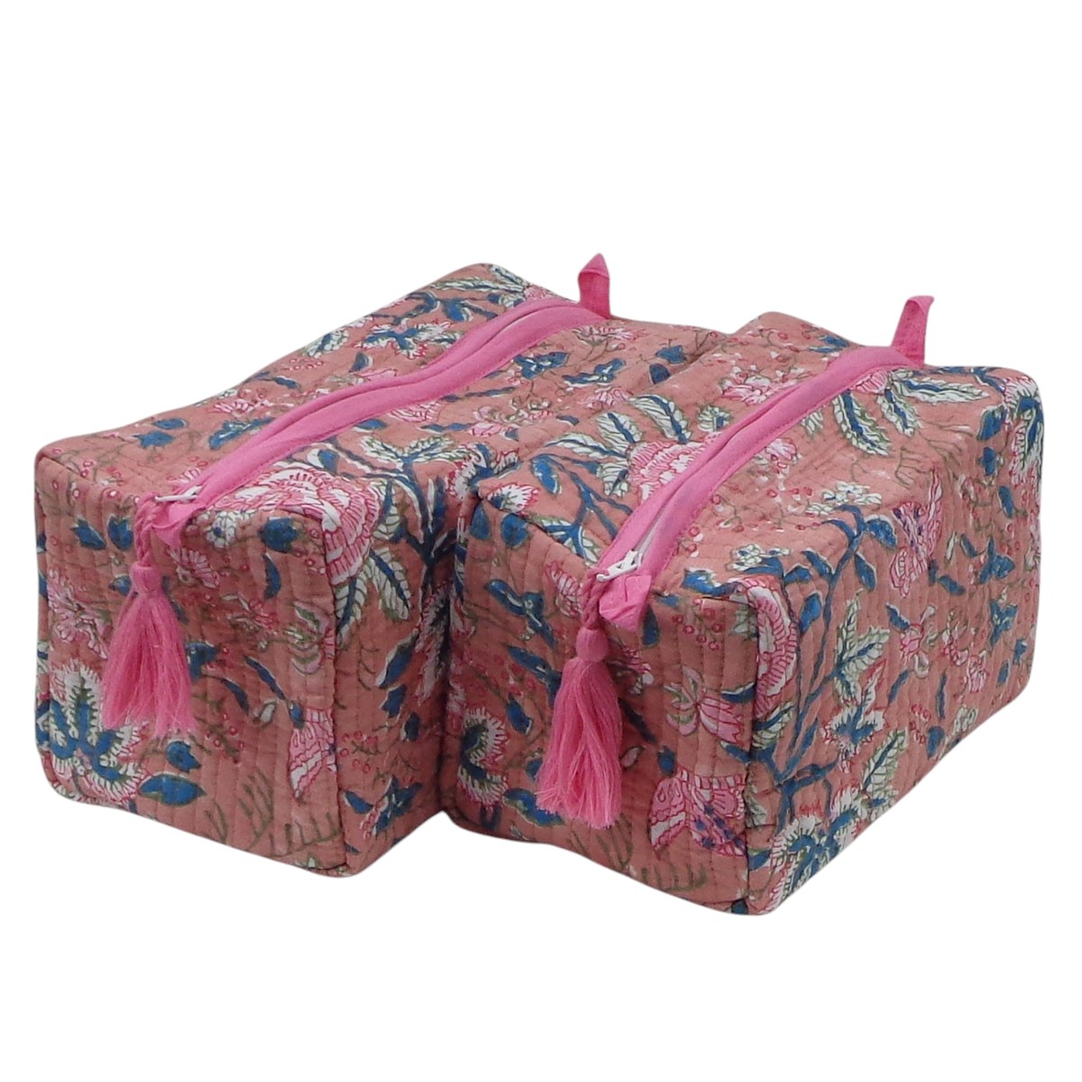 Hand Block Printed Cotton Quilted Cosmetic Bag Set of 2 Misty Rose Gud 202873