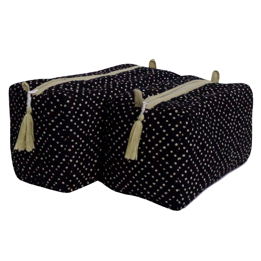Hand Block Printed Cotton Quilted Cosmetic Bag Set of 2 Dotty Black 200414