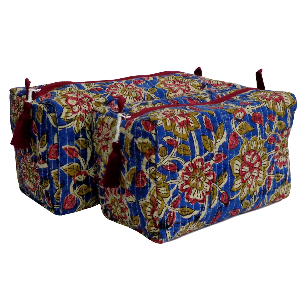 Hand Block Printed Cotton Quilted Cosmetic Bag Set of 2 203896