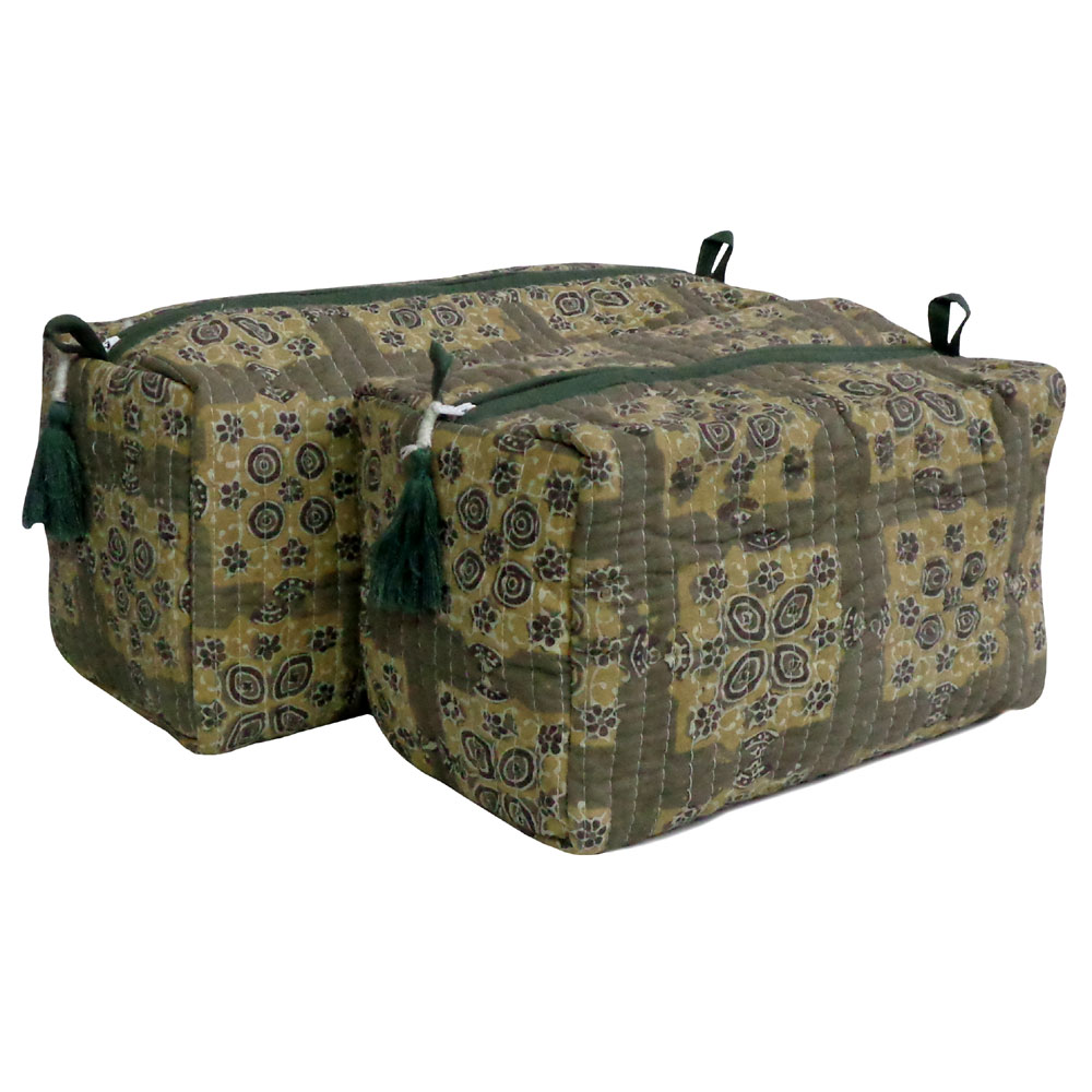 Hand Block Printed Cotton Quilted Cosmetic Bag Set of 2 203901