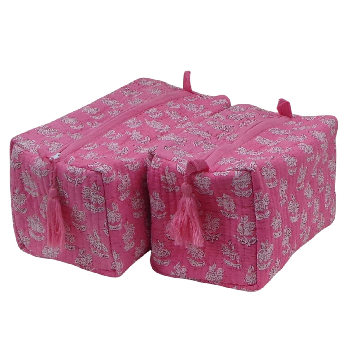 Hand Block Printed Cotton Quilted Cosmetic Bag Set of 2  Booti Candy White 700877