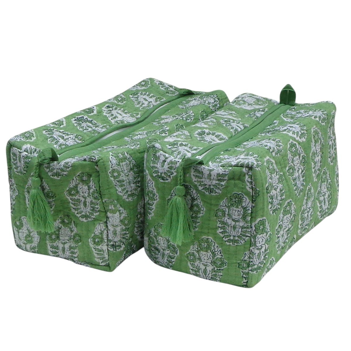 Hand Block Printed Cotton Quilted Cosmetic Bag Set of 2 Boota Celadon Green Gud 100673