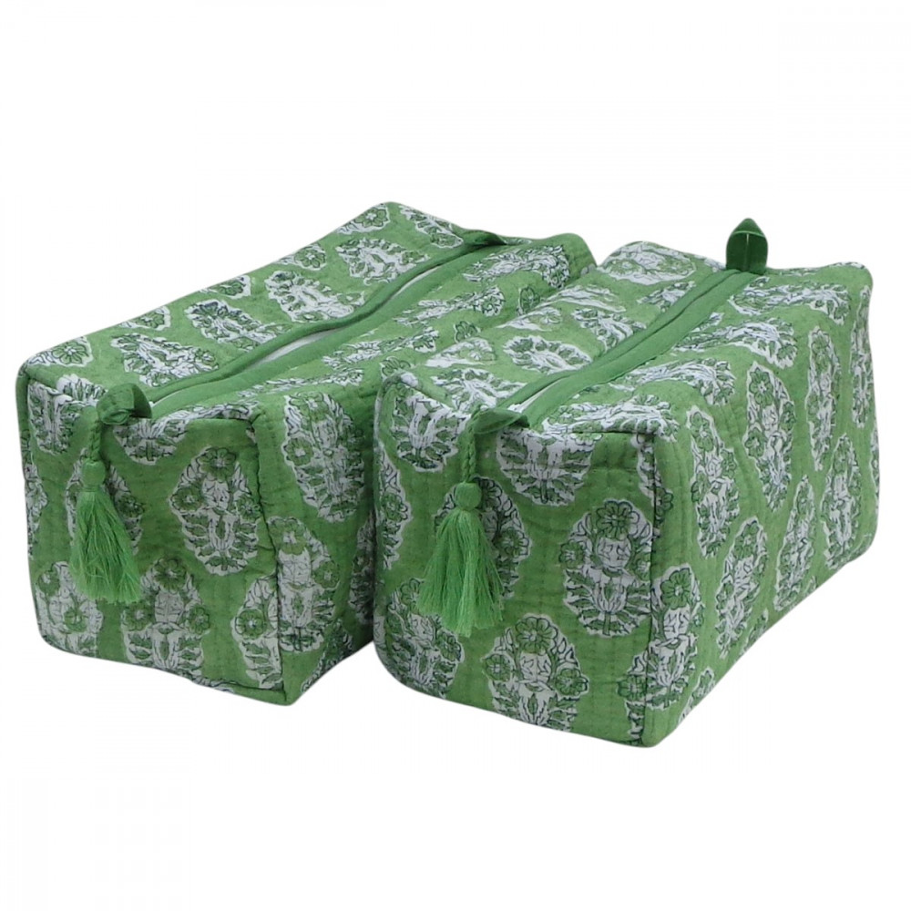 Image of Hand Block Printed Cotton Quilted Cosmetic Bag (Set of 2) | Boota Celadon Green Gud 100673