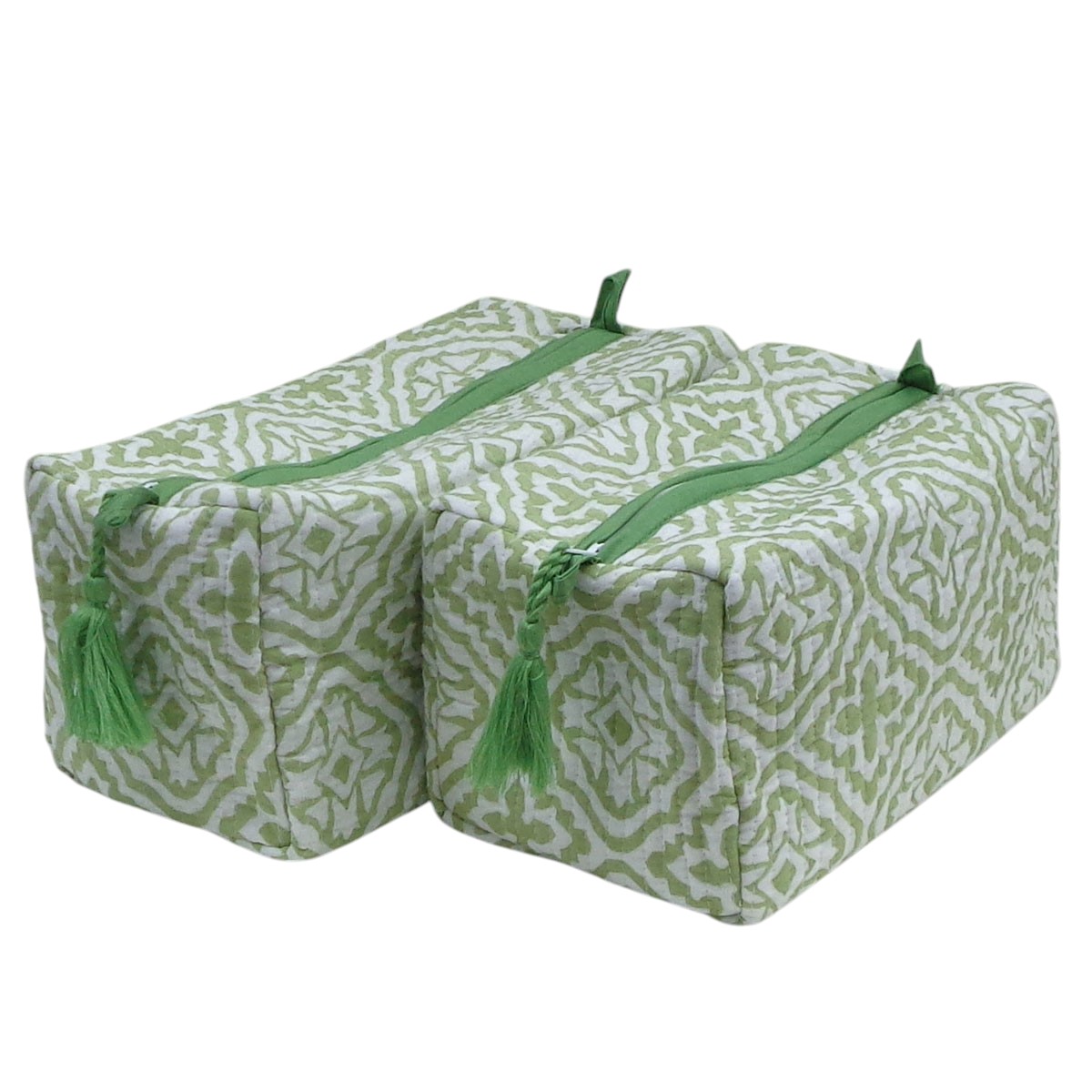 Hand Block Printed Cotton Quilted Cosmetic Bag Set of 2  Cross Flower Celadon Green 206847