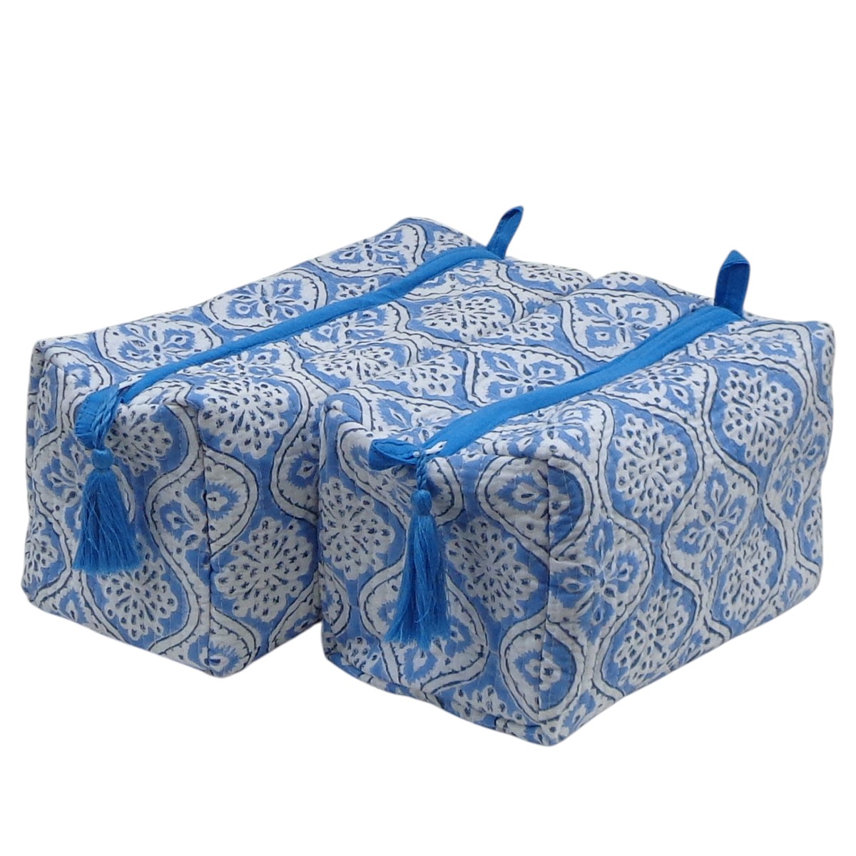 Hand Block Printed Cotton Quilted Cosmetic Bag Set of 2  Ogee Blue 208317