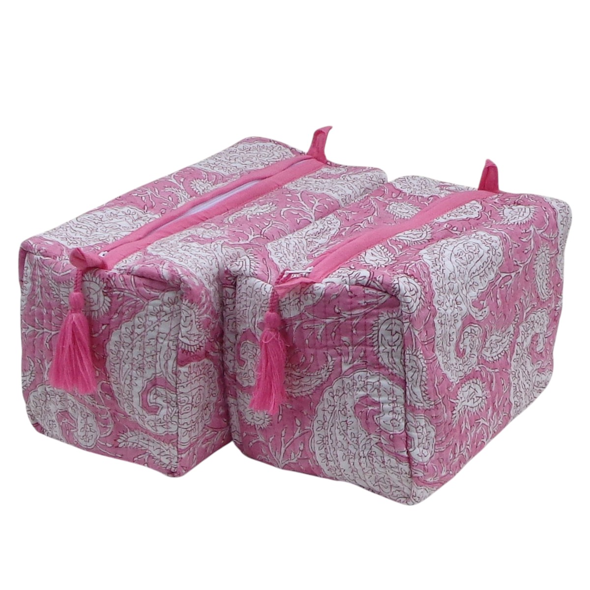 Hand Block Printed Cotton Quilted Cosmetic Bag Set of 2 Ambi Pink Gud 201563