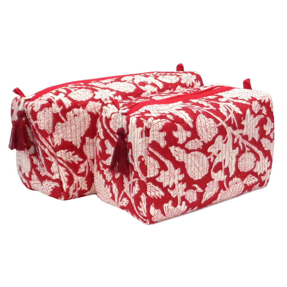 Hand Block Printed Cotton Quilted Cosmetic Bag Set of 2  Amarnath Rococco Red 200196