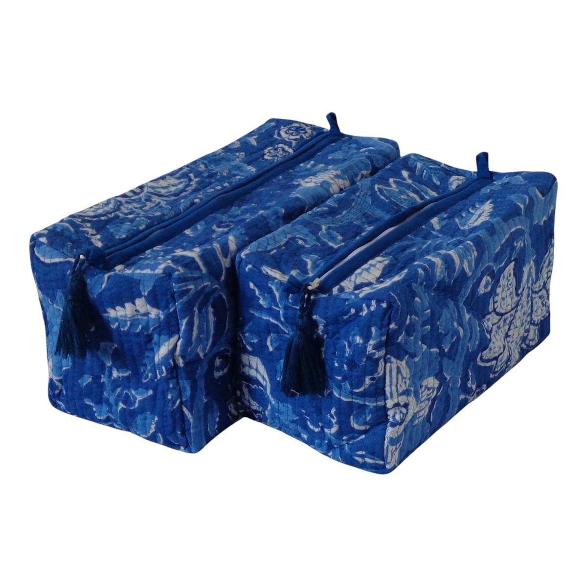 Hand Block Printed Cotton Quilted Cosmetic Bag Set of 2 Anarkali Blue Gud 106797