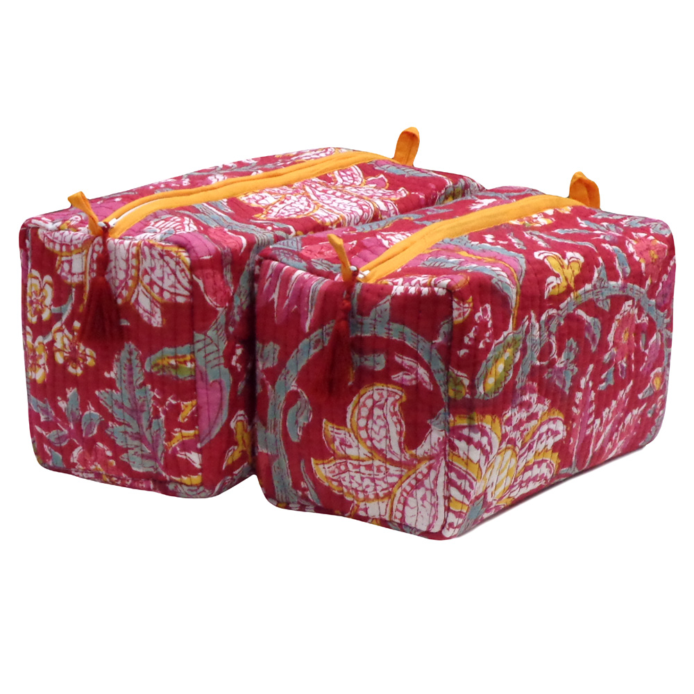Hand Block Printed Cotton Quilted Cosmetic Bag Set of 2 Anarkali Red Gud 201397