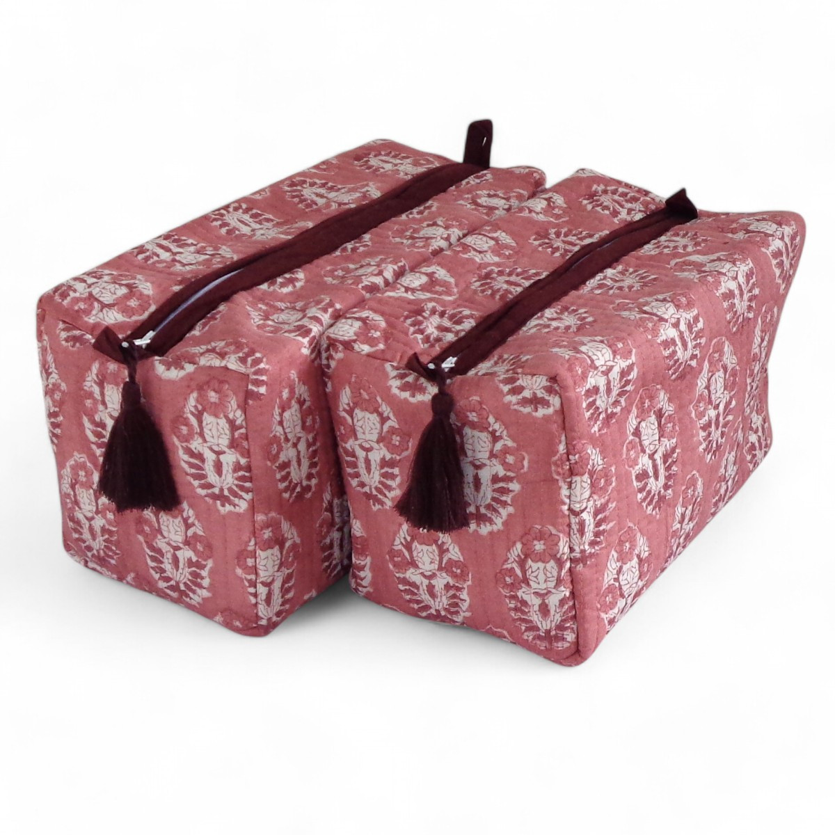 Hand Block Printed Cotton Quilted Cosmetic Bag Set of 2 Boota Pink Gud 202811