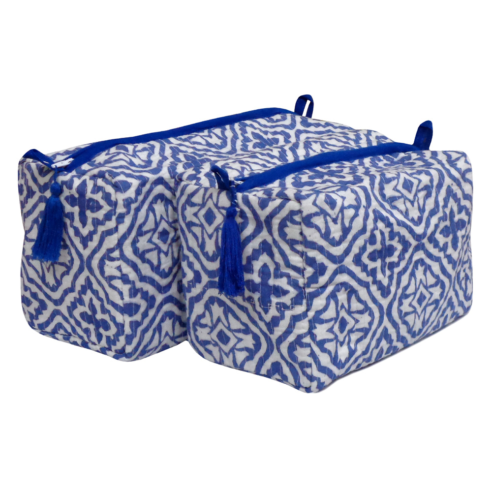 Hand Block Printed Cotton Quilted Cosmetic Bag Set of 2 Cross Flower Blue 302287