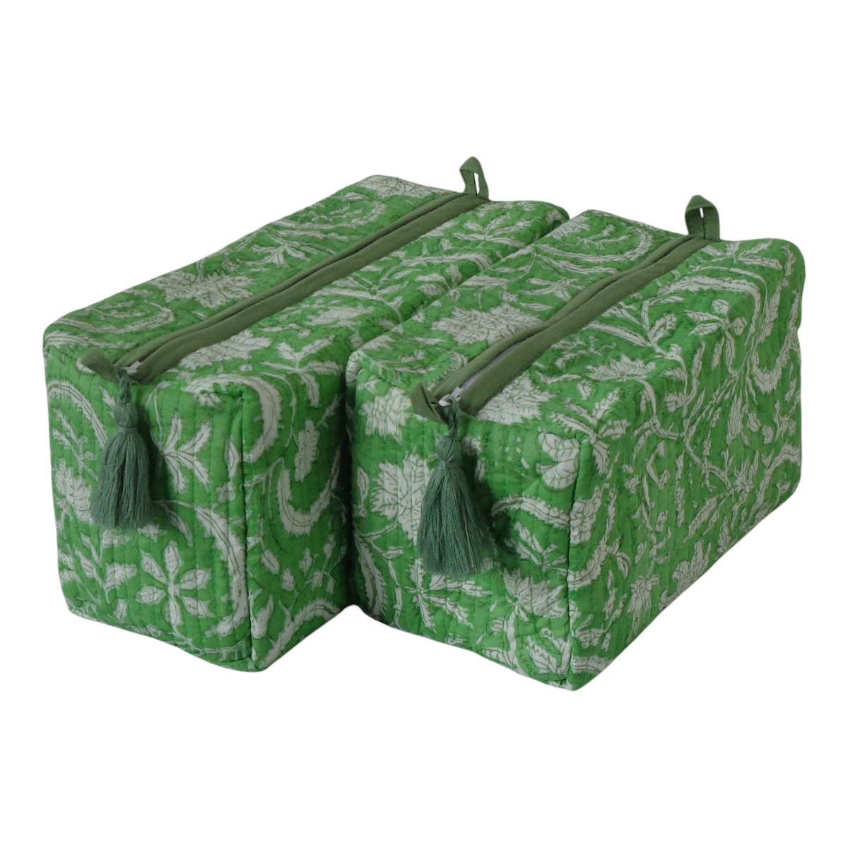 Hand Block Printed Cotton Quilted Cosmetic Bag Set of 2 Floral Green 701949