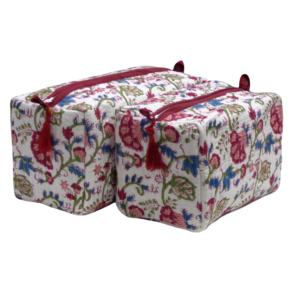 Hand Block Printed Cotton Quilted Cosmetic Bag Set of 2 Genda Bale 204998