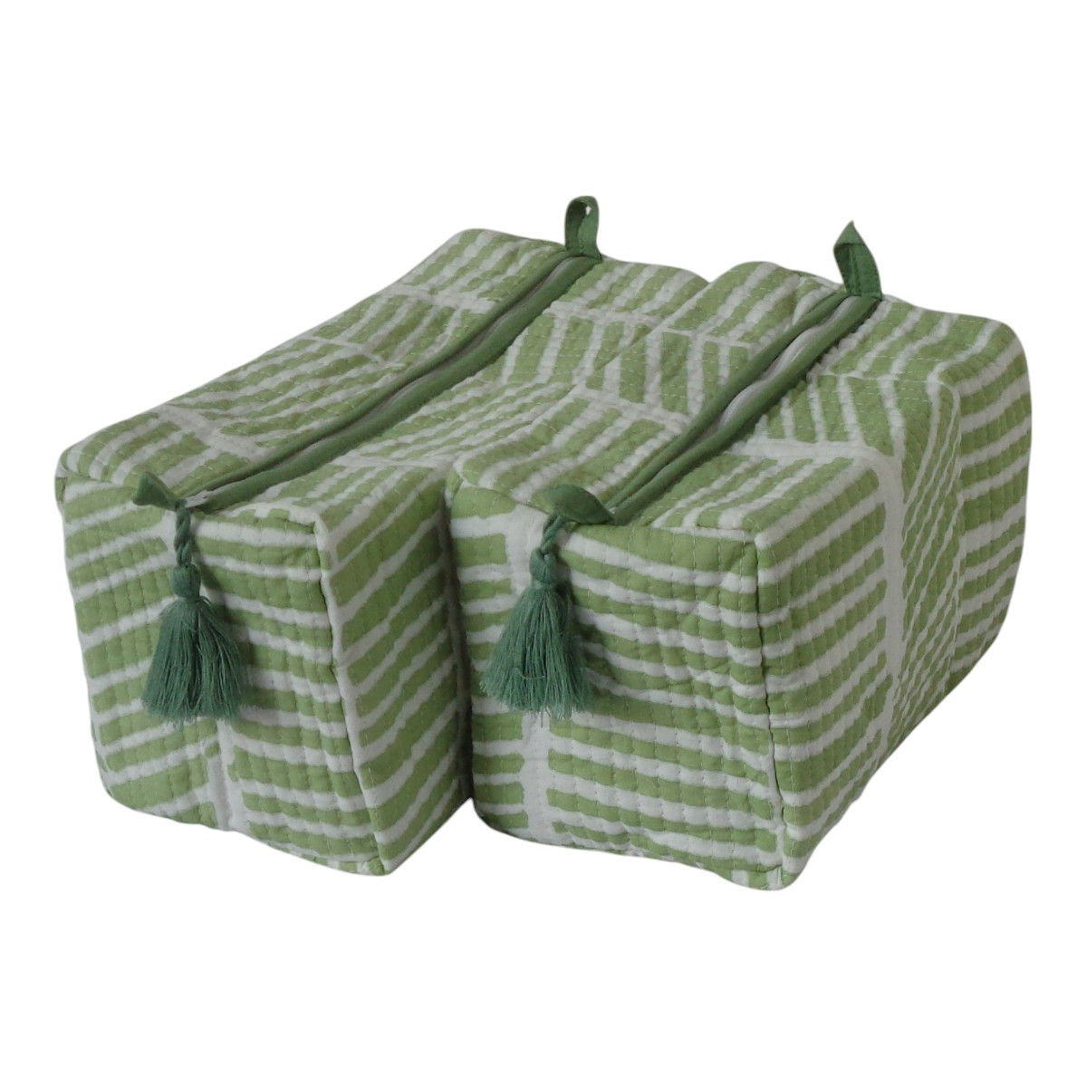 Hand Block Printed Cotton Quilted Cosmetic Bag Set of 2 Herringbone Celadon Green 206834