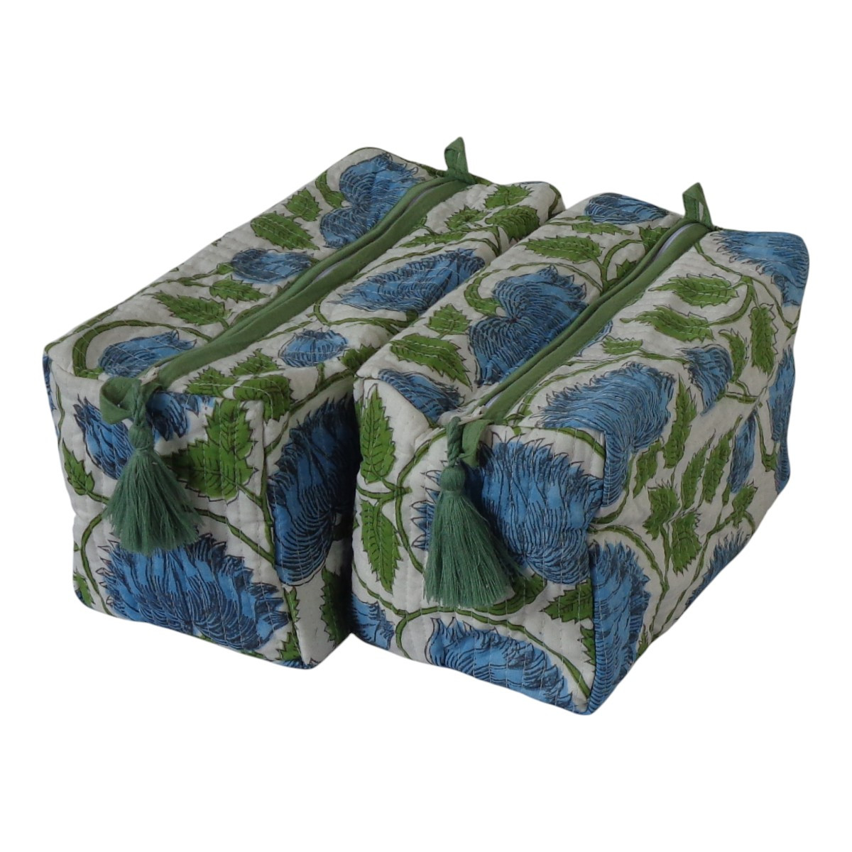 Hand Block Printed Cotton Quilted Cosmetic Bag Set of 2 Kamal Aqua Open 106099