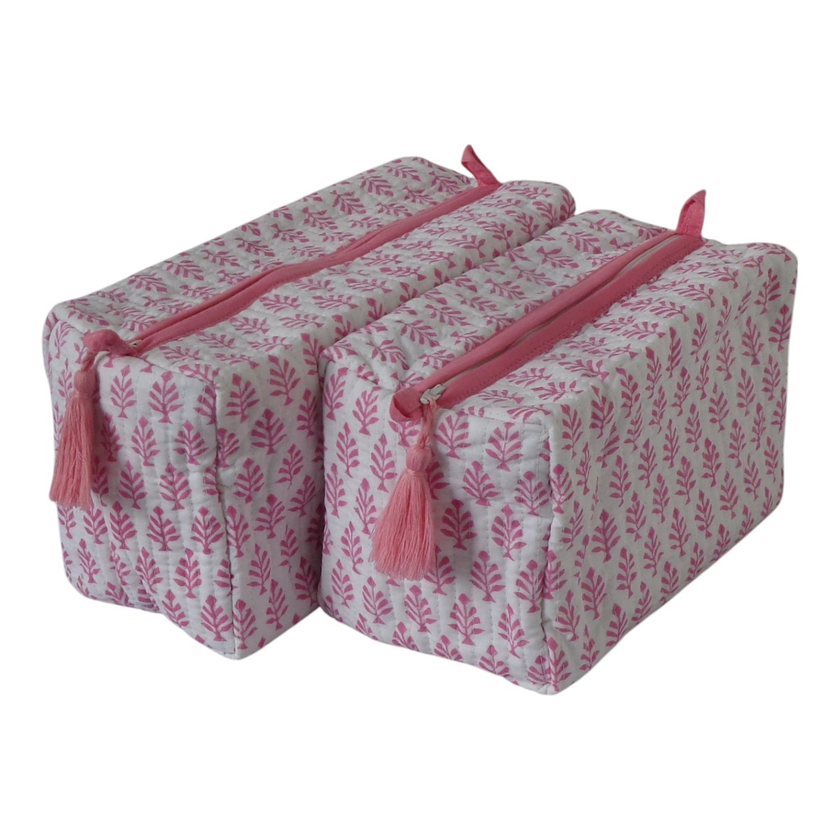 Hand Block Printed Cotton Quilted Cosmetic Bag Set of 2 Neem Pink 101819