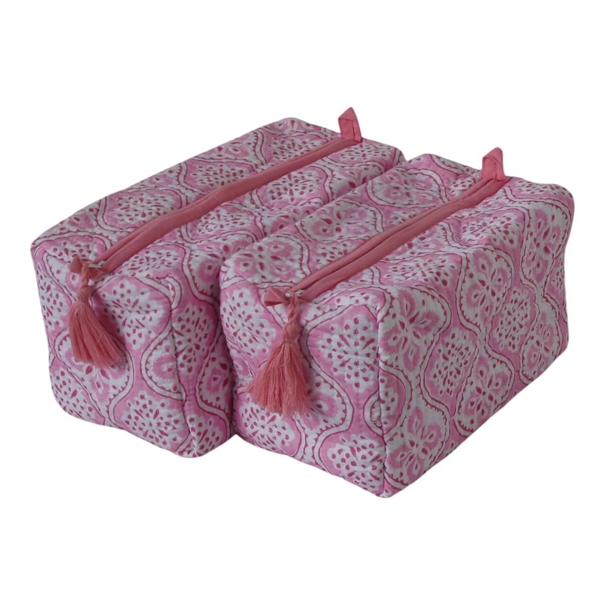 Hand Block Printed Cotton Quilted Cosmetic Bag Set of 2 Ogee Pink 701951