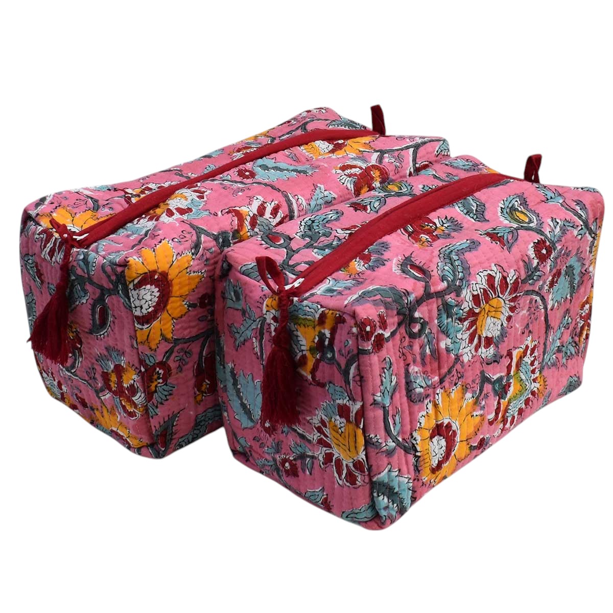Hand Block Printed Cotton Quilted Cosmetic Bag Set of 2 Phuljhari Pink Gud 204756