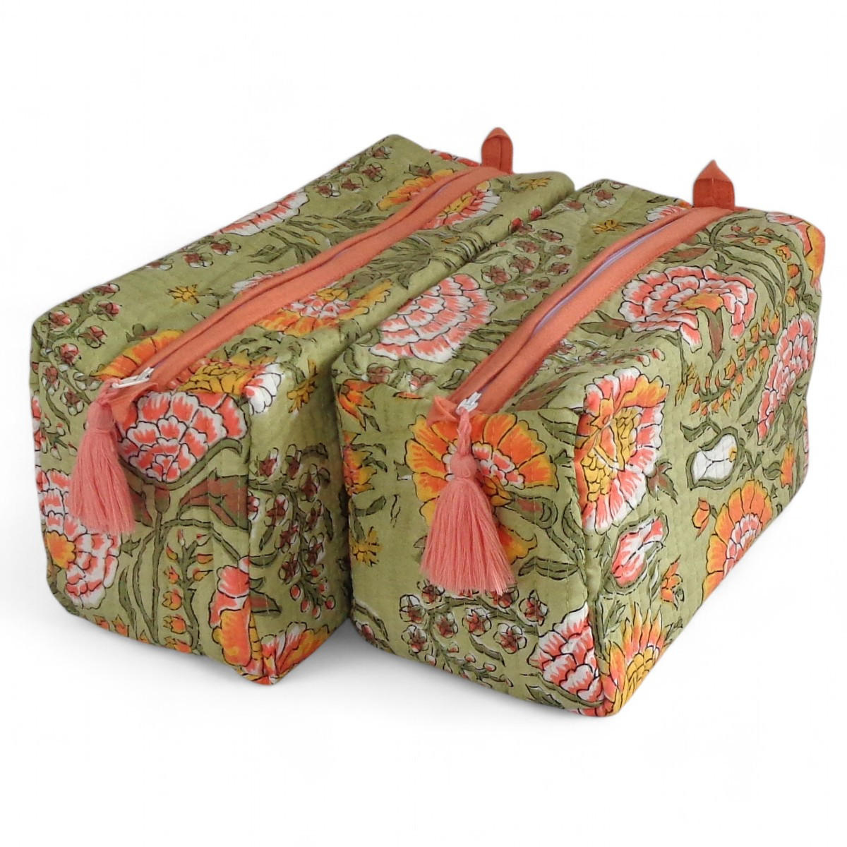 Hand Block Printed Cotton Quilted Cosmetic Bag Set of 2 Reshma Sea Green Gud 203224