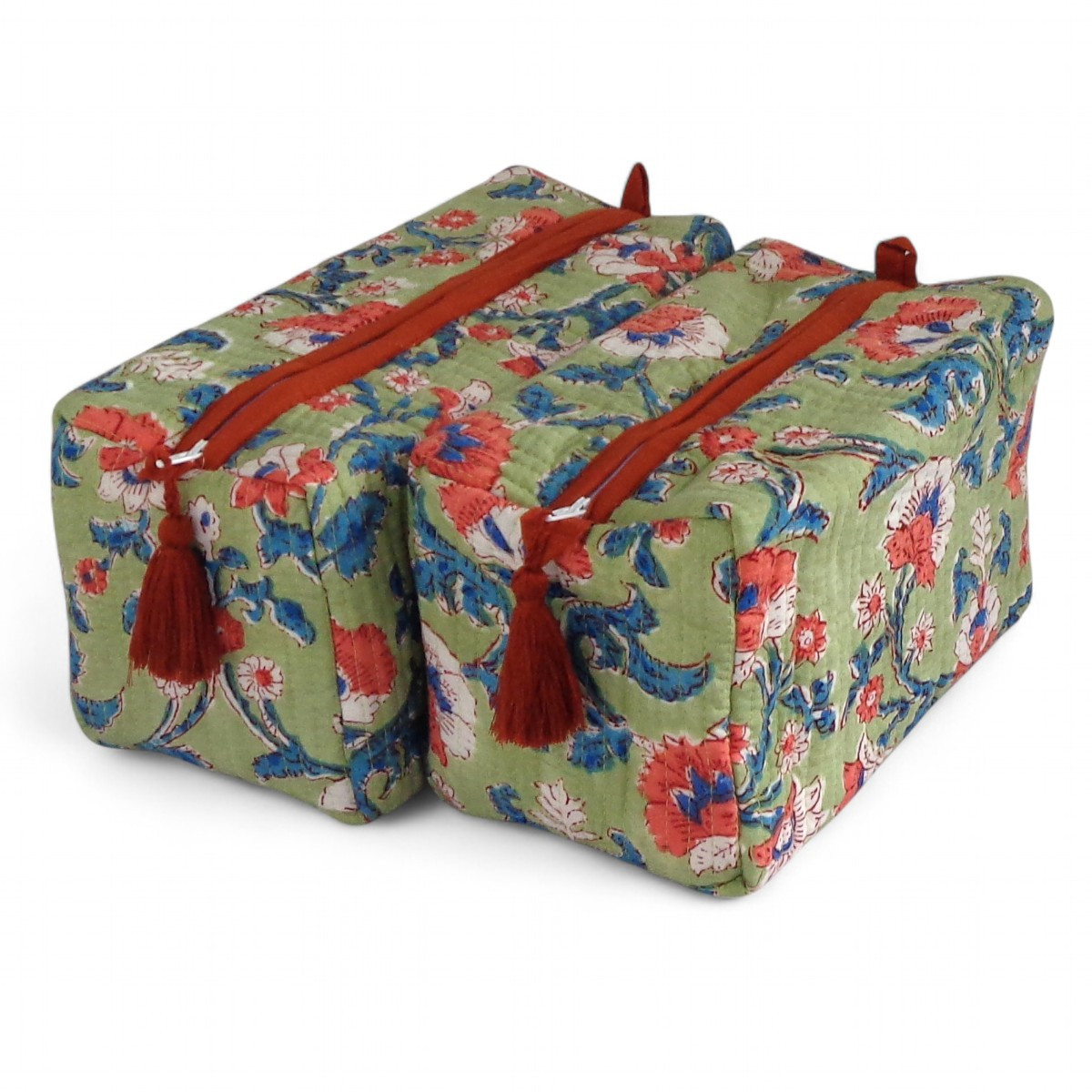 Hand Block Printed Cotton Quilted Cosmetic Bag Set of 2 Rukhsana Jade Gud 204222