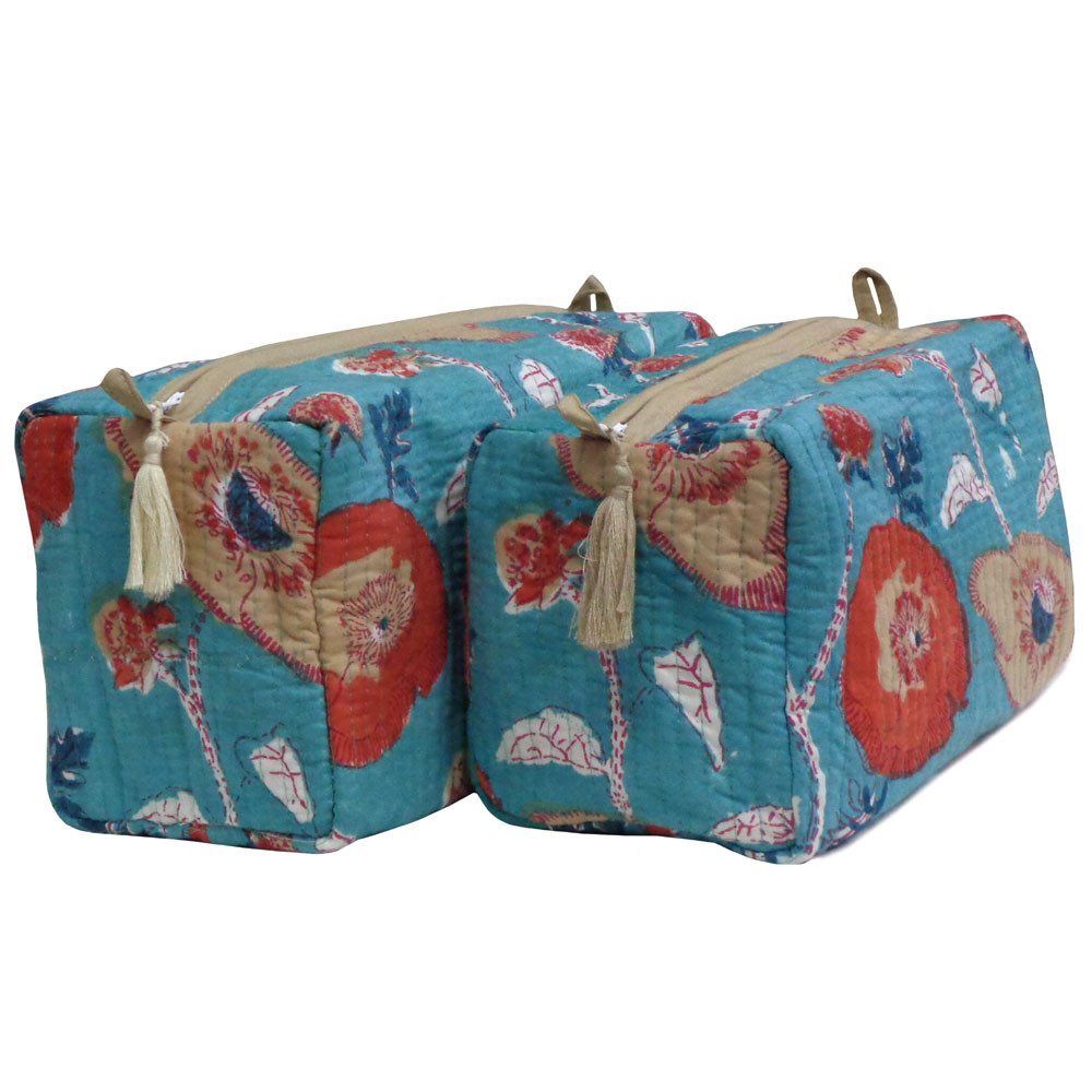 Hand Block Printed Cotton Quilted Cosmetic Bag Set of 2 Teal Flower Gud 208278