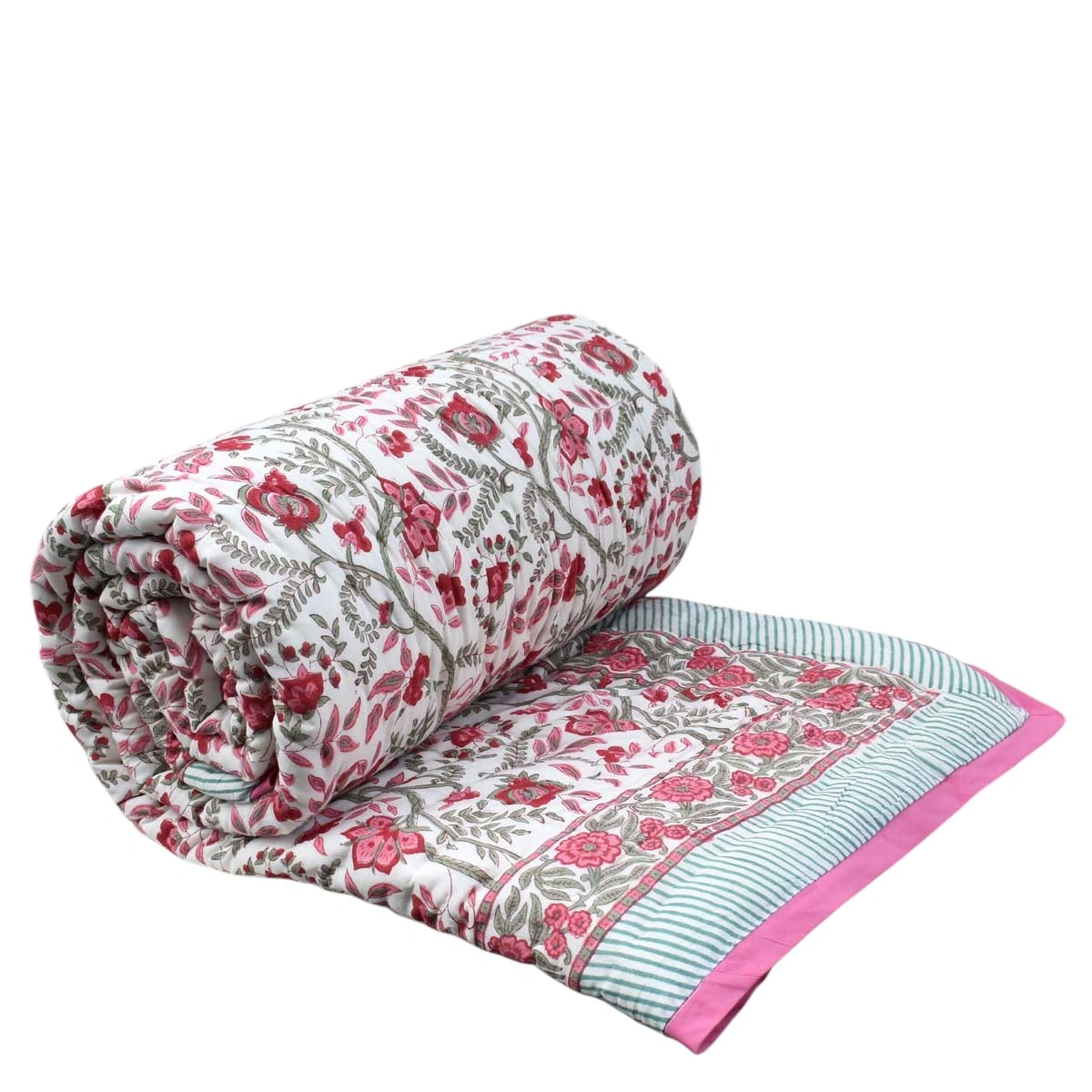 Hand Block Printed Cotton Twin Size Quilt Bale Pink Red 251212