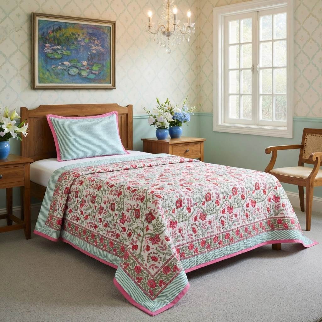 Hand Block Printed Cotton Twin Size Quilt Bale Pink Red 251212