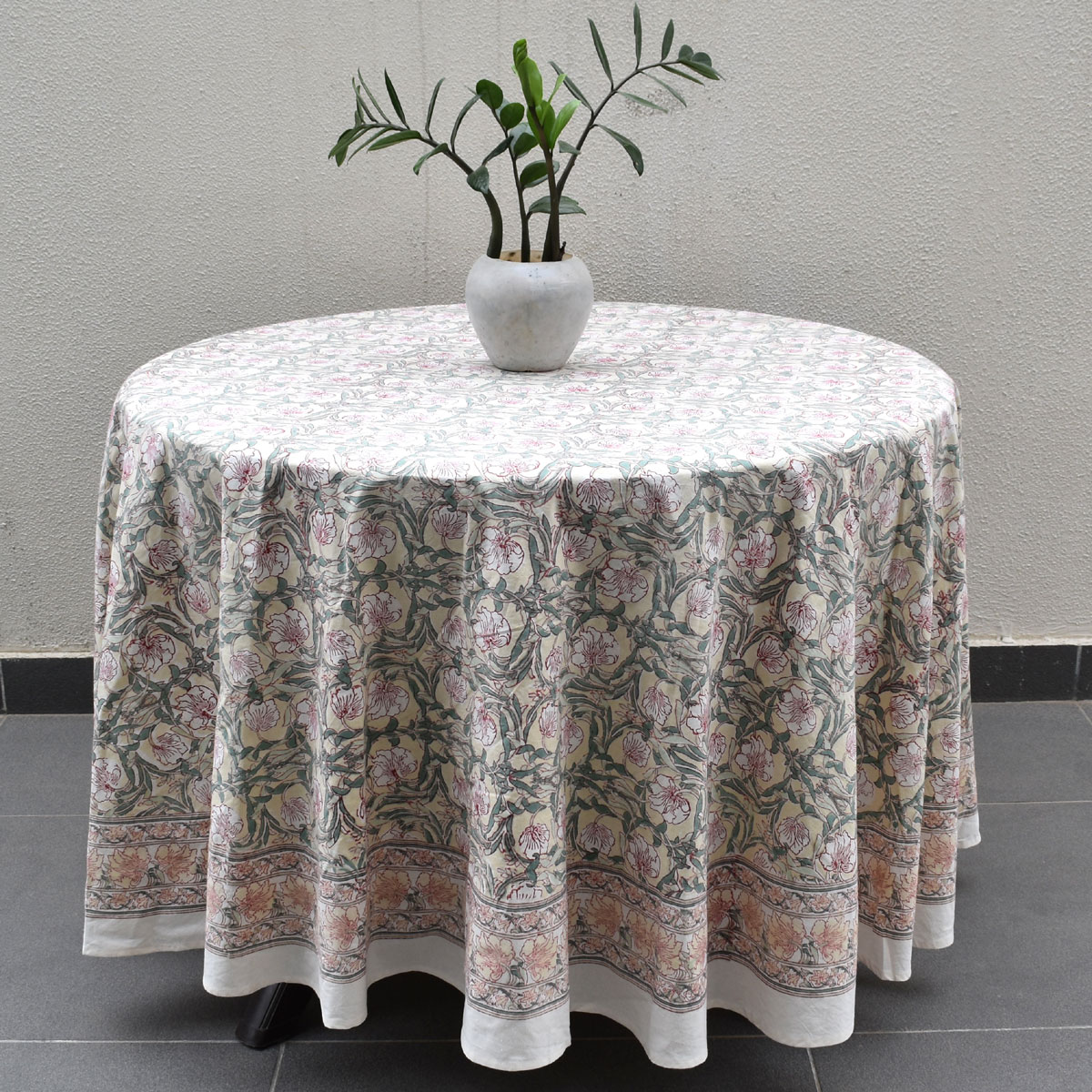 Hand Block Printed Cotton Round Tablecloth 220 cms Bauhaus Beige Gud 505032