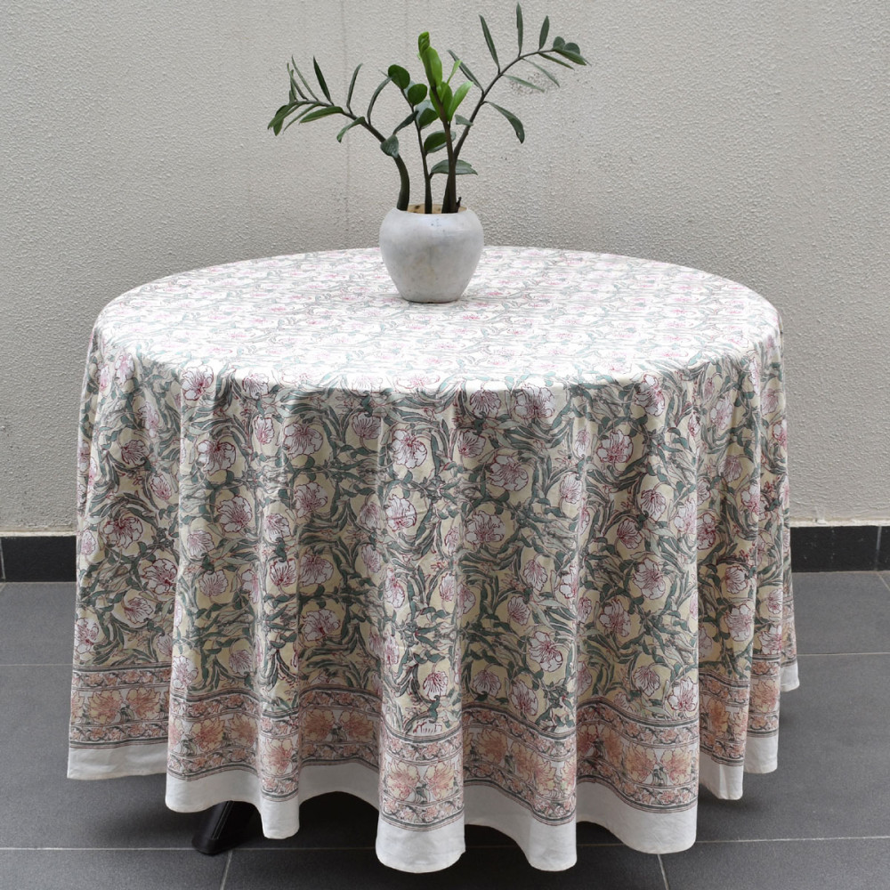 Image of Hand Block Printed Cotton Round Tablecloth 220 cms| Bauhaus Beige Gud 505032