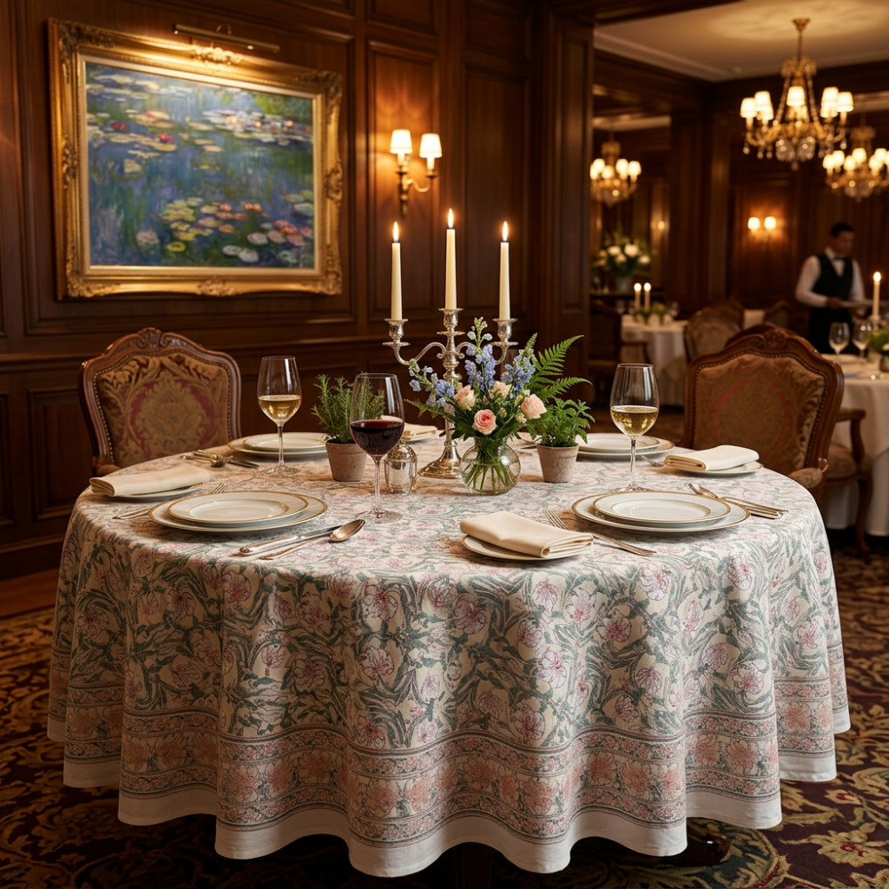 Image of Hand Block Printed Cotton Round Tablecloth 220 cms| Bauhaus Beige Gud 505032