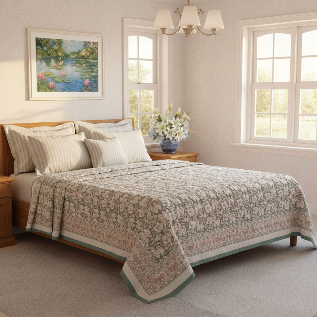 Hand Block Printed Cotton King Size Quilt Bauhaus Beige Gud 505032