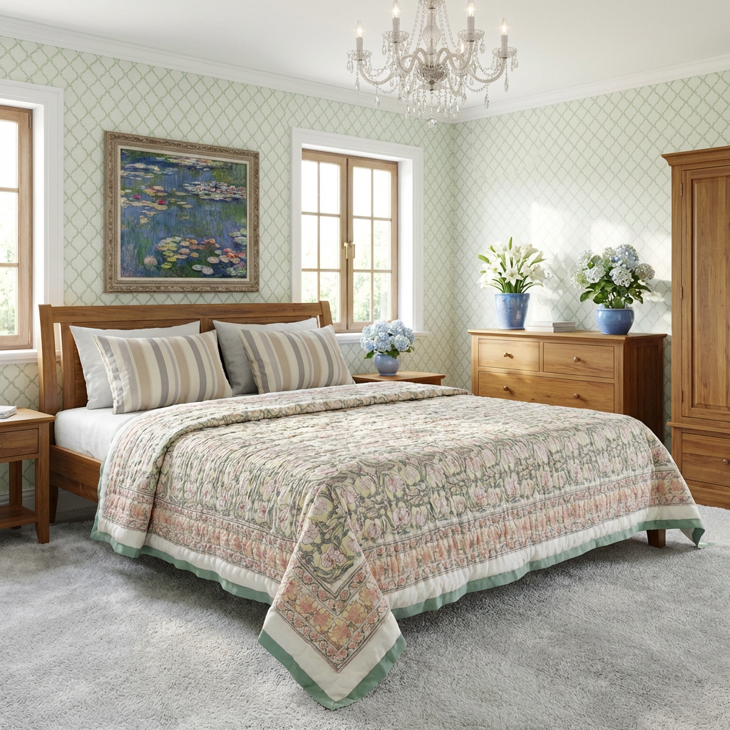 Hand Block Printed Cotton Twin Size Quilt  Bauhaus Beige Gud 505032