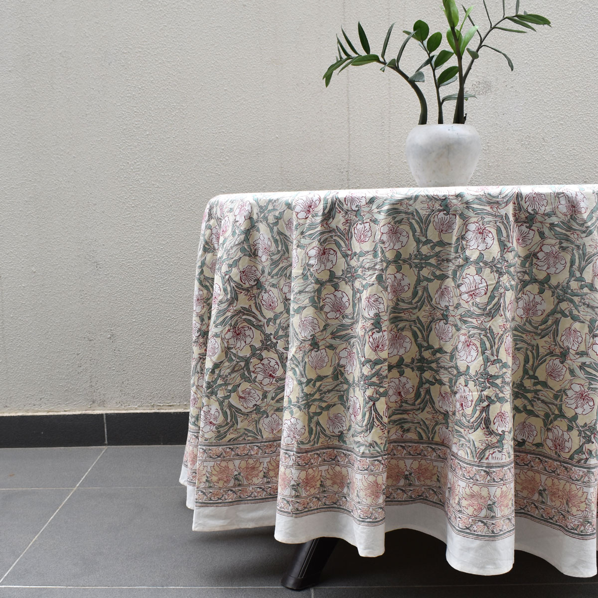 Hand Block Printed Cotton Round Tablecloth 220 cms Bauhaus Beige Gud 505032