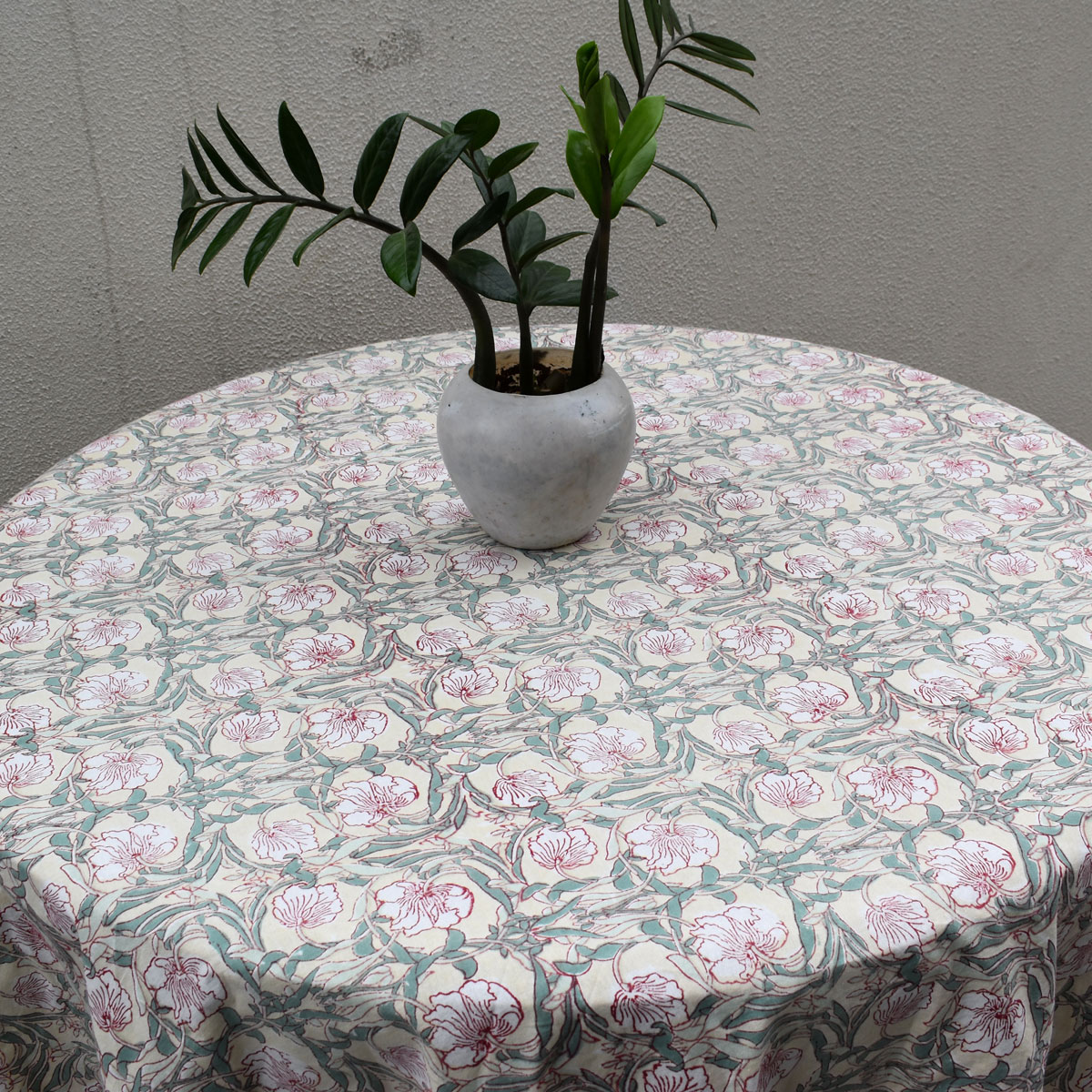 Hand Block Printed Cotton Round Tablecloth 220 cms Bauhaus Beige Gud 505032
