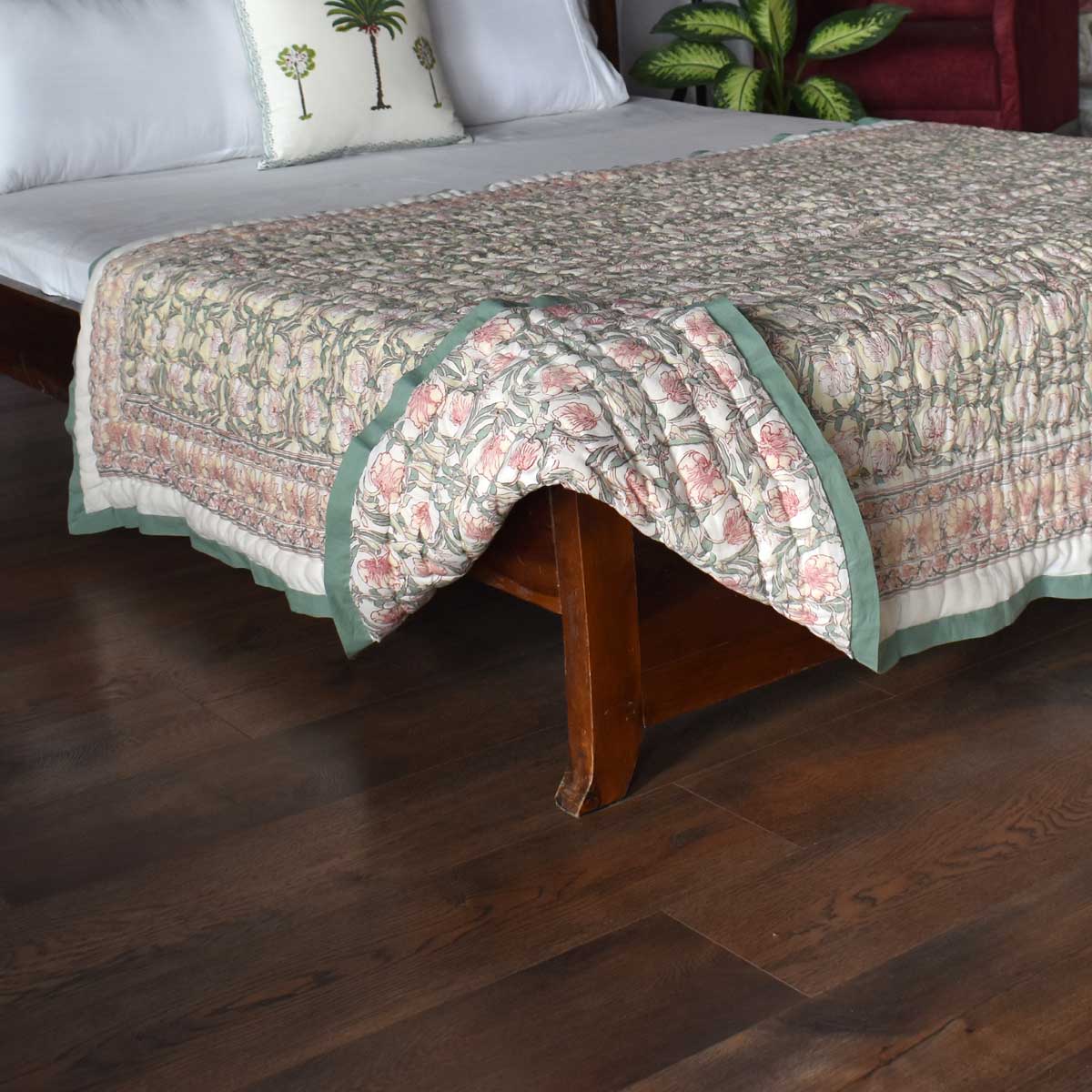 Hand Block Printed Cotton Twin Size Quilt Bauhaus Beige Gud 505032