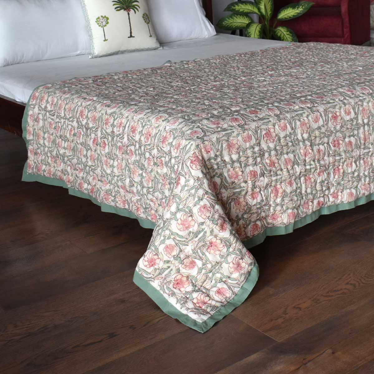 Hand Block Printed Cotton Twin Size Quilt Bauhaus Beige Gud 505032