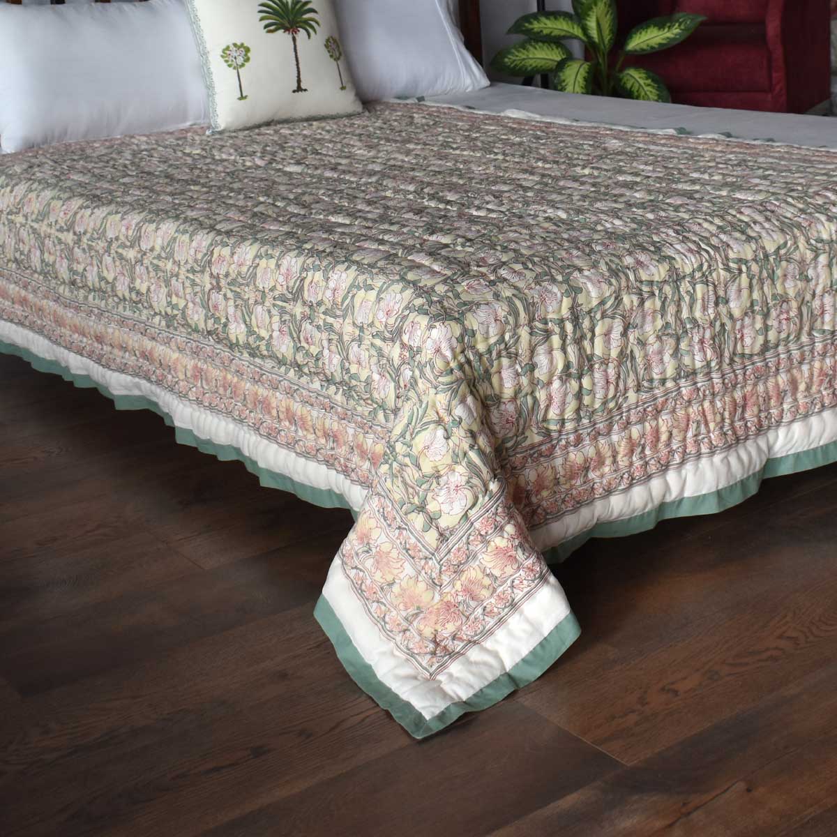 Hand Block Printed Cotton Twin Size Quilt Bauhaus Beige Gud 505032