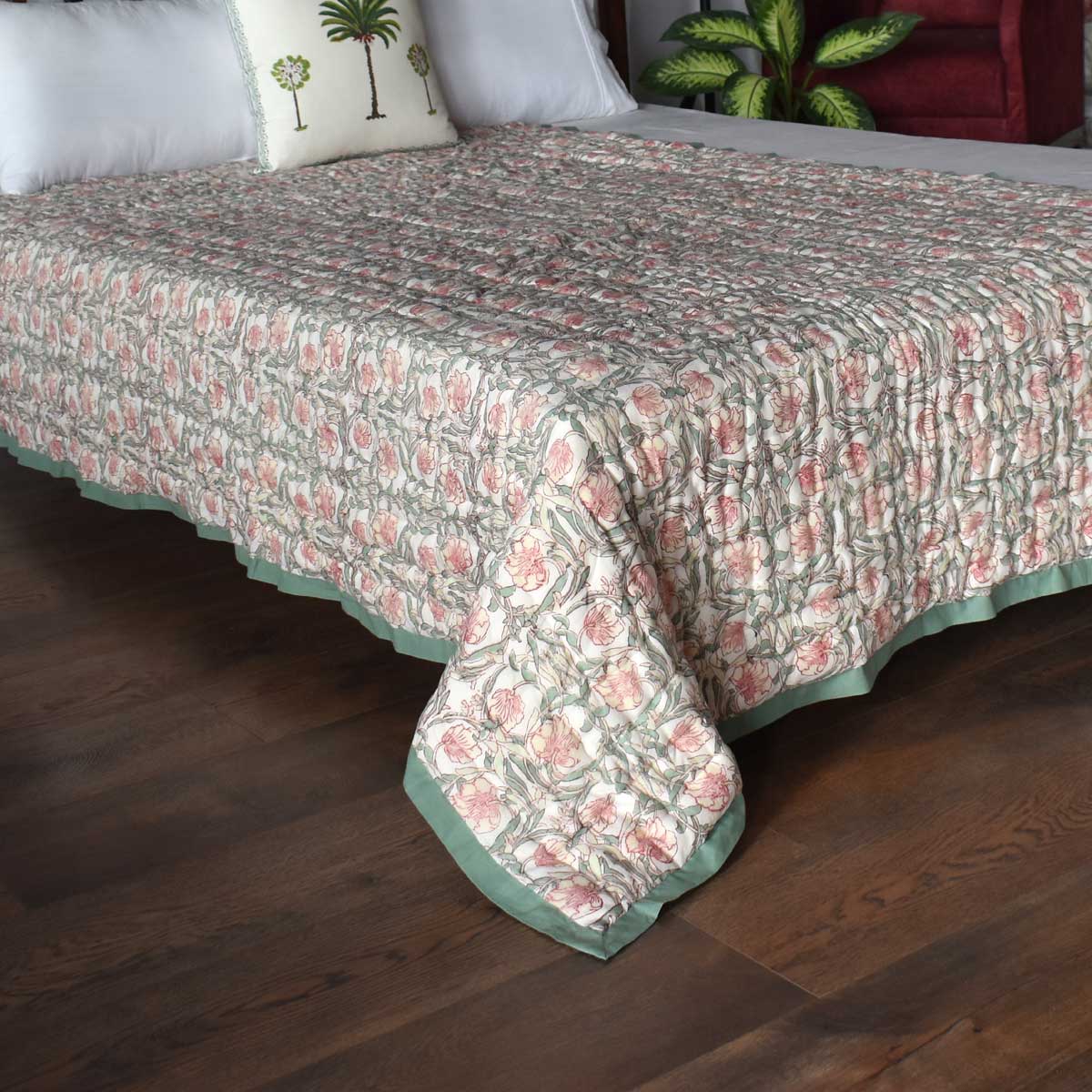Hand Block Printed Cotton Twin Size Quilt Bauhaus Beige Gud 505032