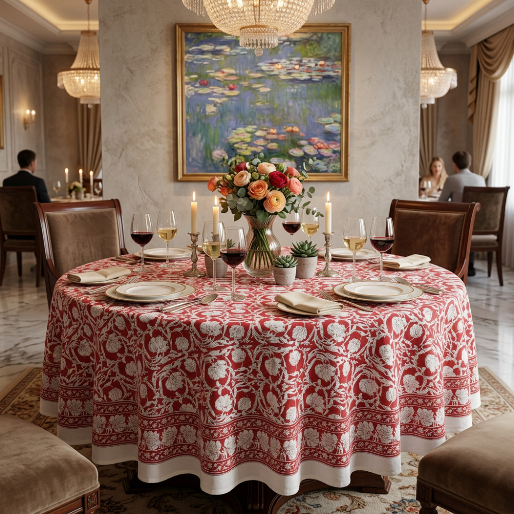 Image of Hand Block Printed Cotton Round Tablecloth 220 cms| Bauhaus Lolipop 502191