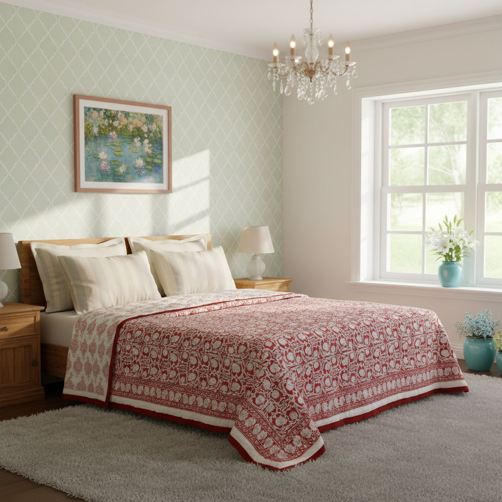 Hand Block Printed Cotton Twin Size Quilt  Bauhaus Lolipop 502191