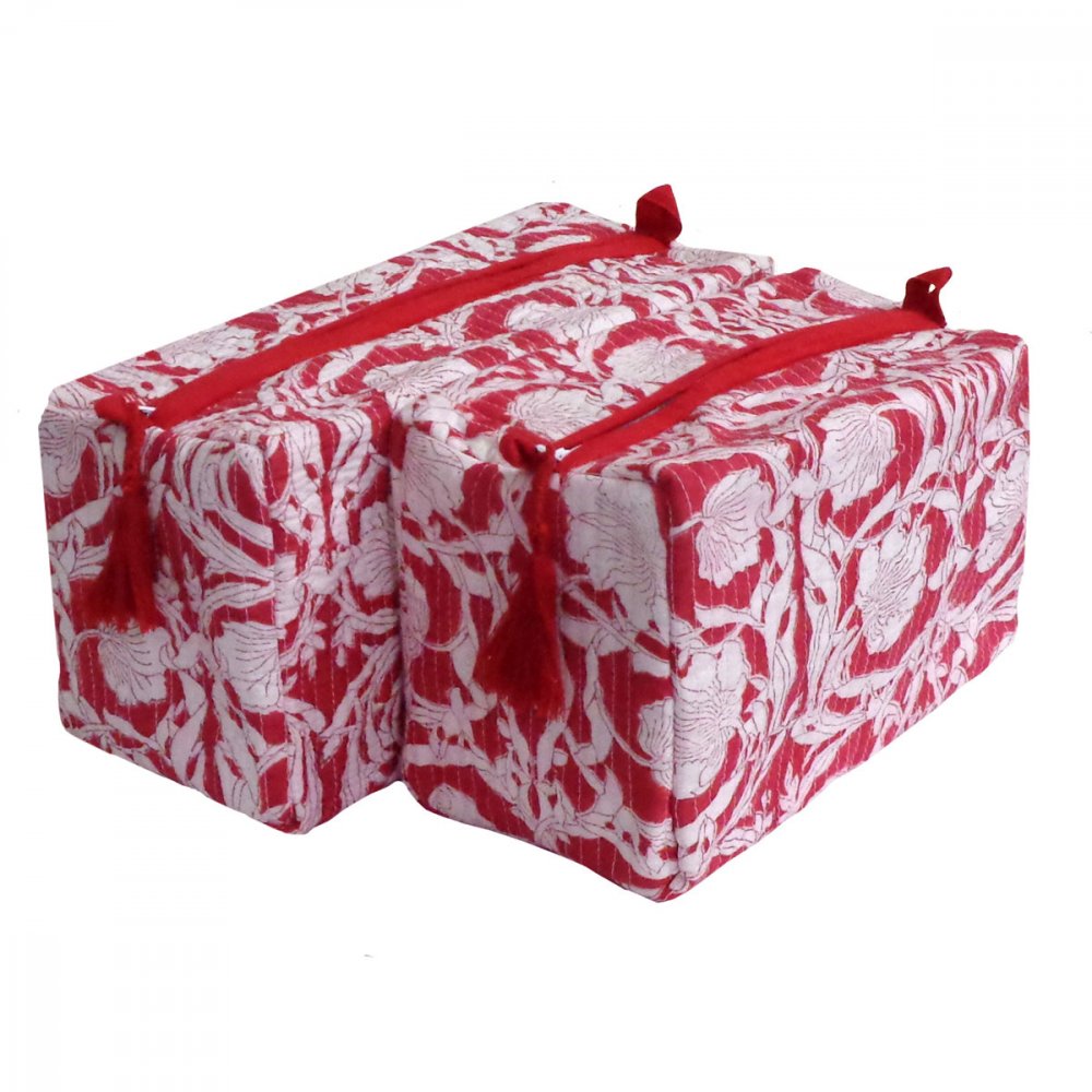 Hand Block Printed Cotton Quilted Cosmetic Bag (Set of 2) | Bauhaus Lolipop 502191