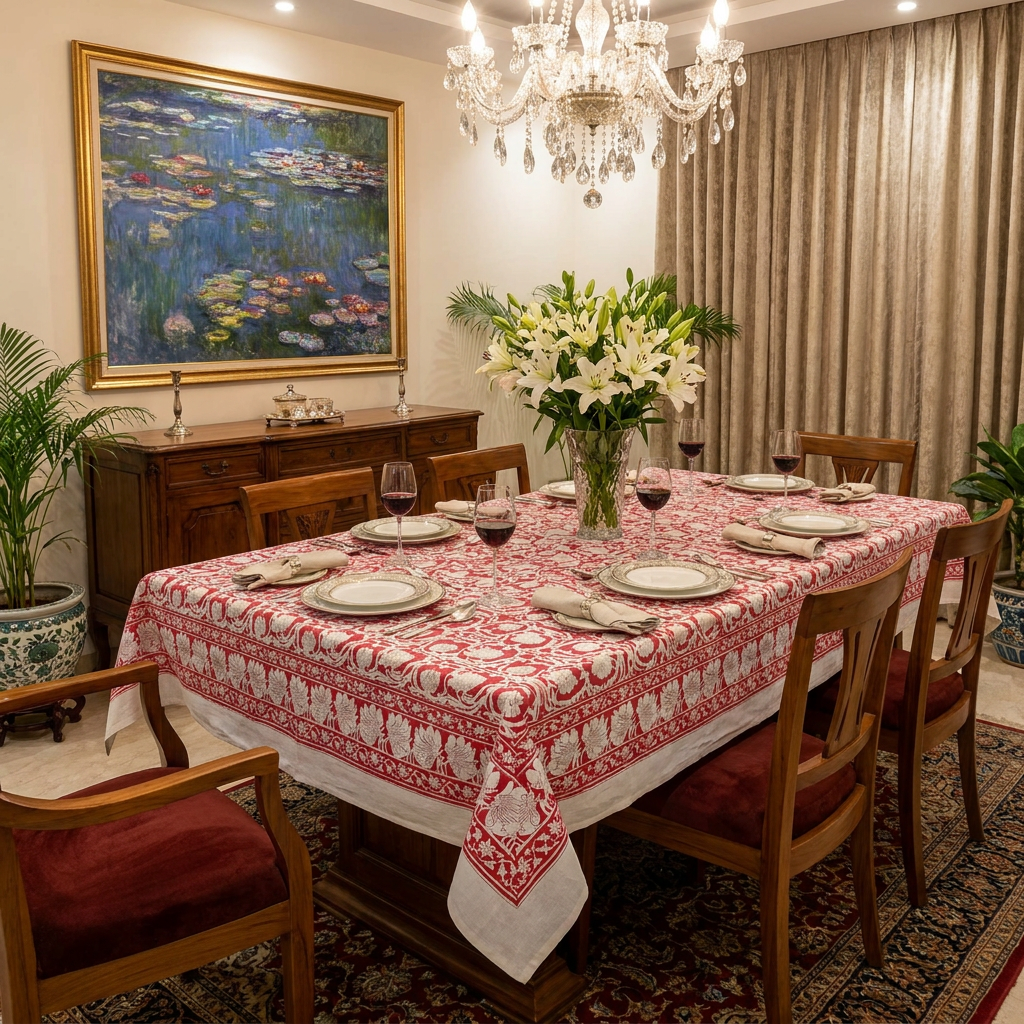 Hand Block Printed Cotton Tablecloth 150x220 cms Bauhaus Lolipop 502191