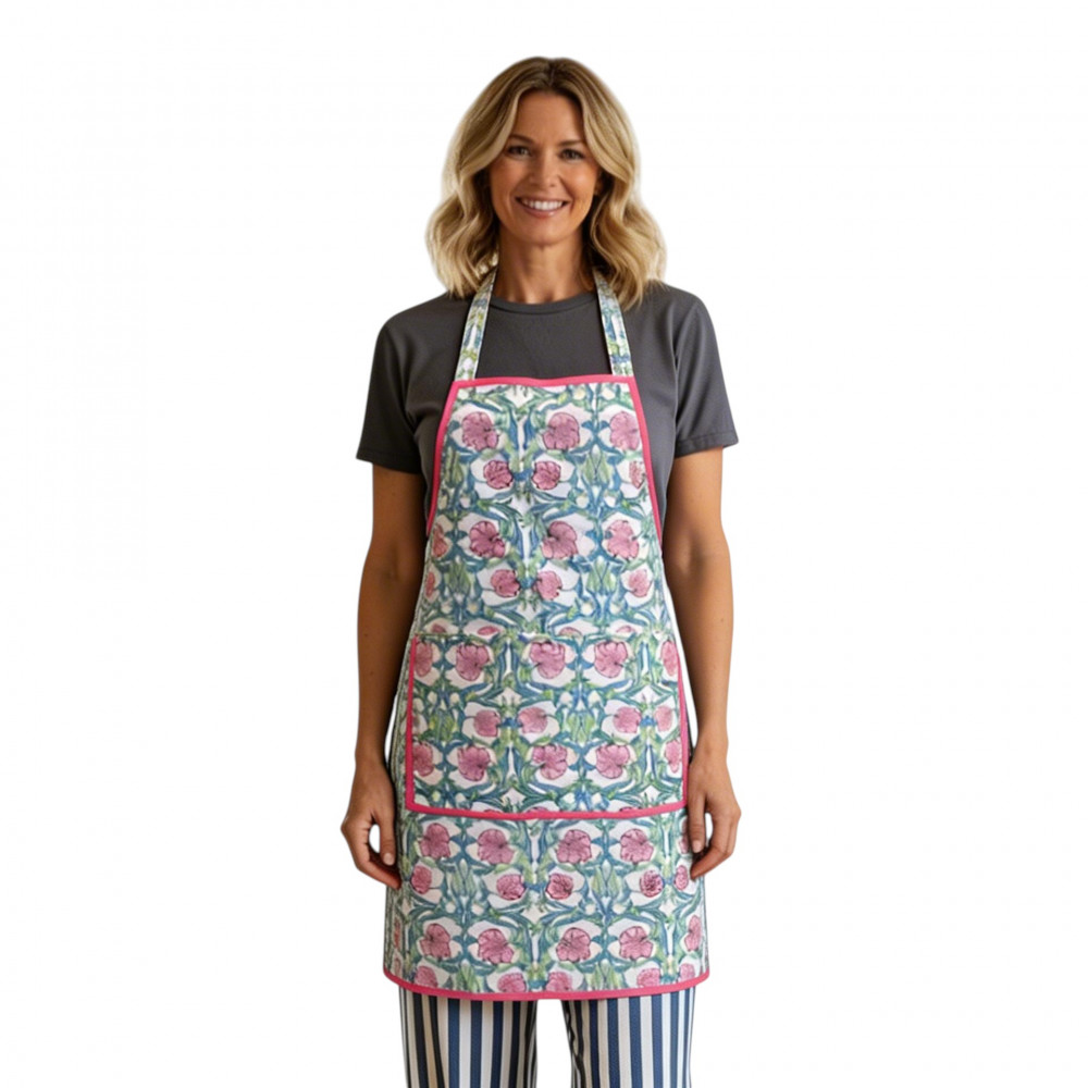 Image of Indian Block-Printed 100% Cotton Apron | Bauhaus Pink Flower 601774