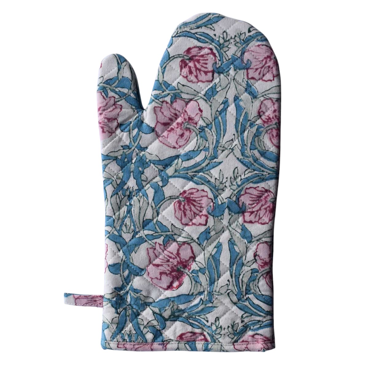 Artisan-Made Hand Block Printed Oven Mitt and Pot Holder Set Bauhaus Pink Flower 601774
