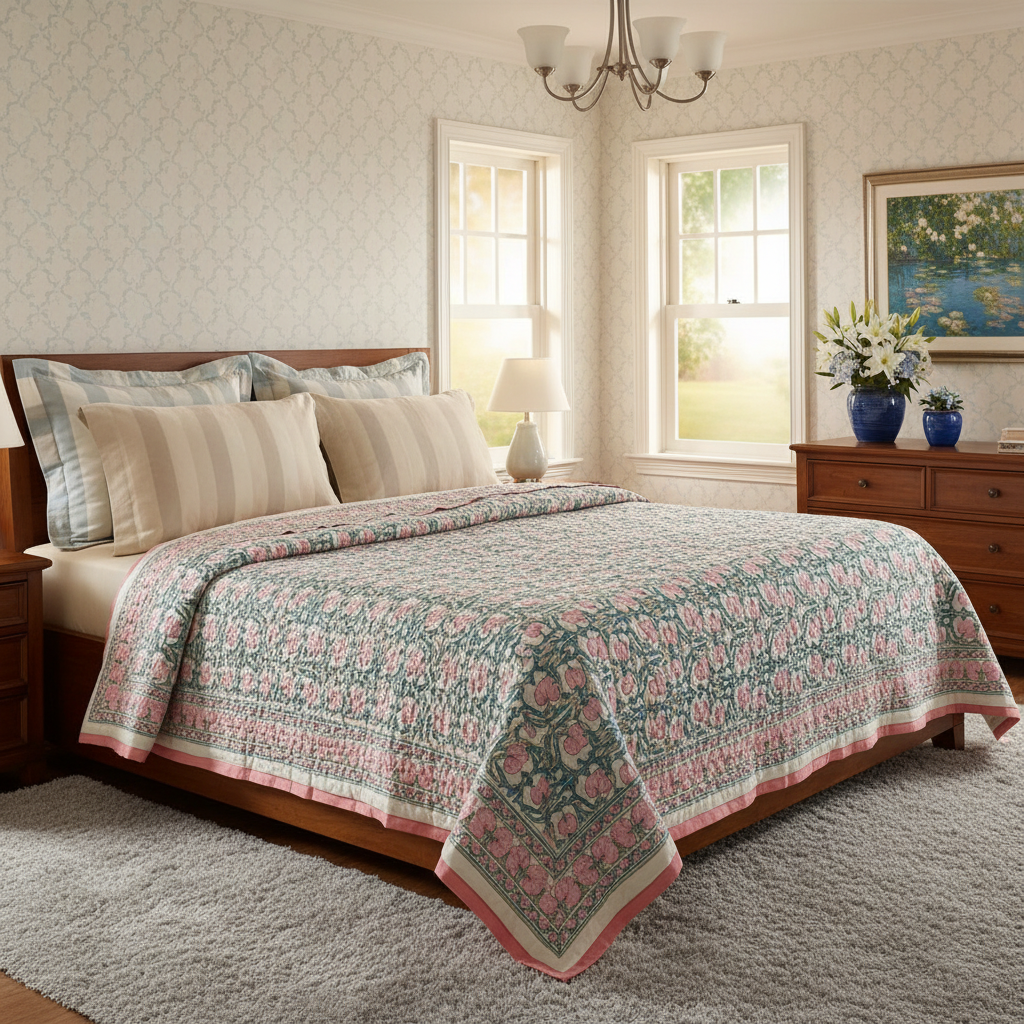 Hand Block Printed Cotton Twin Size Quilt  Bauhaus Pink Flower 601774