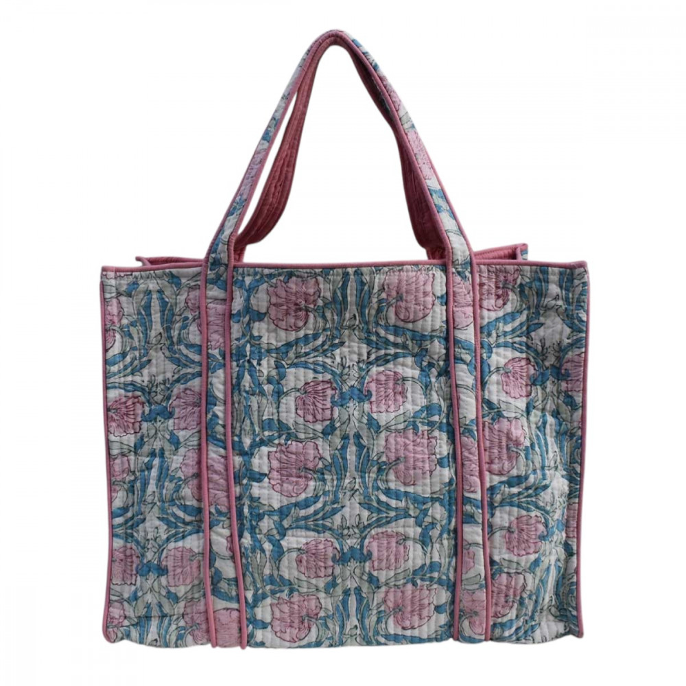 Image of Hand Block Printed Cotton Quilted Tote Bag | Bauhaus Pink Flower 601774
