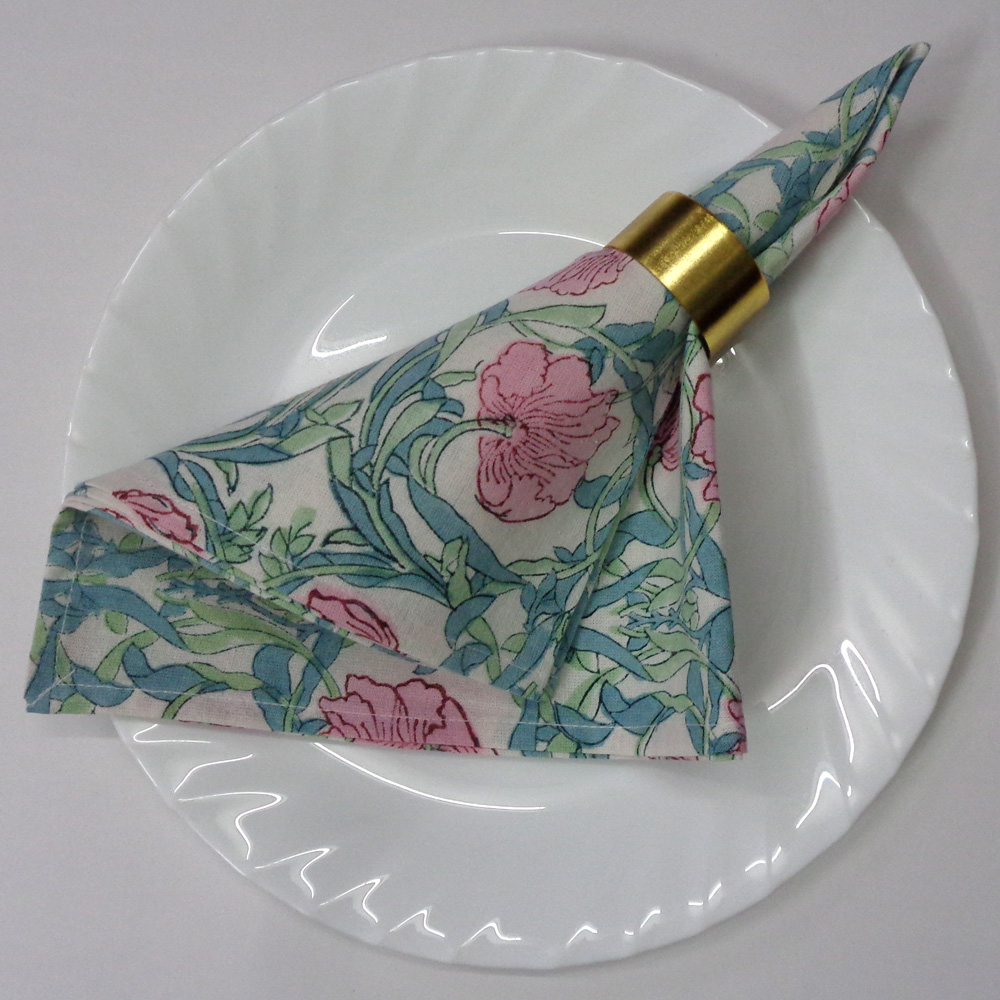 Hand Block Printed Cotton Napkin 45x45 cms Set of 4 Napkins Bauhaus Pink Flower 601774